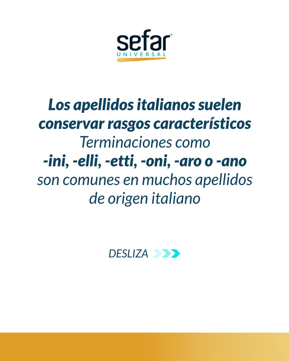 SefarUniversal's tweet photo. 🇮🇹 ¿Tu apellido tiene origen italiano?

Terminaciones como -ini, -elli, -etti o -oni son comunes en muchos apellidos italianos. Aunque el apellido no garantiza el derecho a la ciudadanía, puede ser una pista importante sobre tus raíces. https://t.co/3oHHoHL7Ia