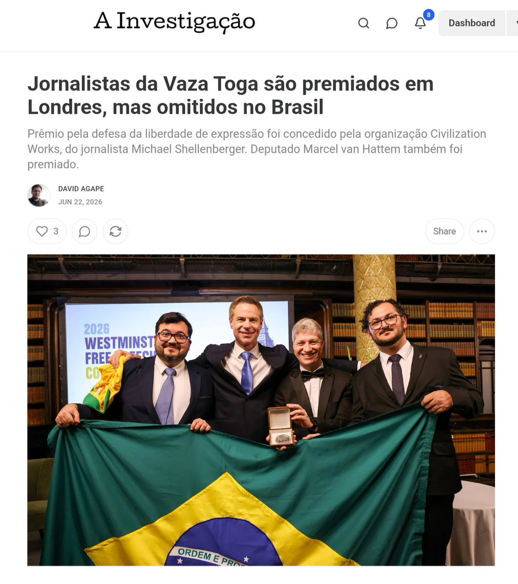 david_agape_'s tweet photo. Os mesmos veículos de imprensa que ignoraram as revelações da Vaza Toga 2 agora também omitiram a premiação internacional recebida por seus autores.

Na última semana, os jornalistas David Ágape e @elivieira receberam em Londres o Free Speech Courage Award, concedido pela Civilization Works de @shellenberger em reconhecimento ao trabalho realizado na investigação.

Também recebeu o prêmio o deputado @marcelvanhattem por sua atuação parlamentar em defesa da liberdade de expressão. 

Nesta reportagem, conto como parte da imprensa brasileira preferiu esconder a premiação dos jornalistas independentes.

https://t.co/hYIDoV4rmO