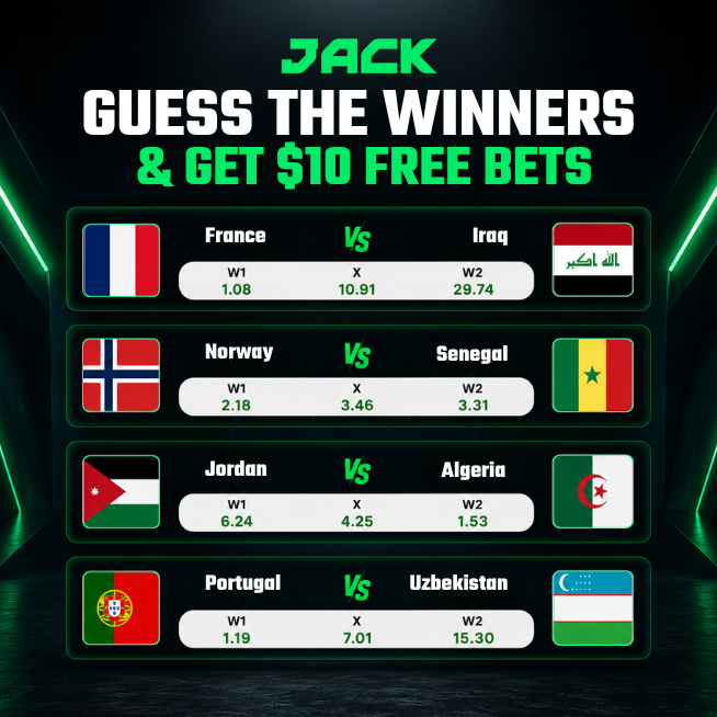 JackCasino's tweet photo. 🏆 FIFA World Cup 2026 Matchday!

Predict all 4 match winners &amp;win $10 Free Bet 💸

Comment your picks and JACK username!

- Repost, love, and tag a friend https://t.co/keJNCwJG7E