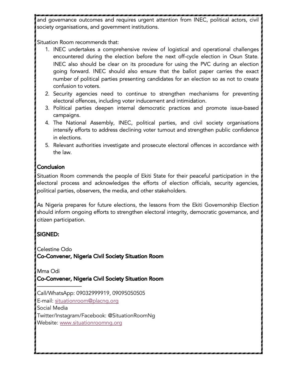 SituationRoomNg's tweet photo. FINAL STATEMENT BY SITUATION ROOM ON THE EKITI STATE 2026 GOVERNORSHIP ELECTION

Issued: 12:30pm - Monday, 22nd June 2026

#EkitiDecides2026
#SREkiti2026
#SituationRoomNG
#NigeriaDecides2027 https://t.co/8PsPQLk5IJ