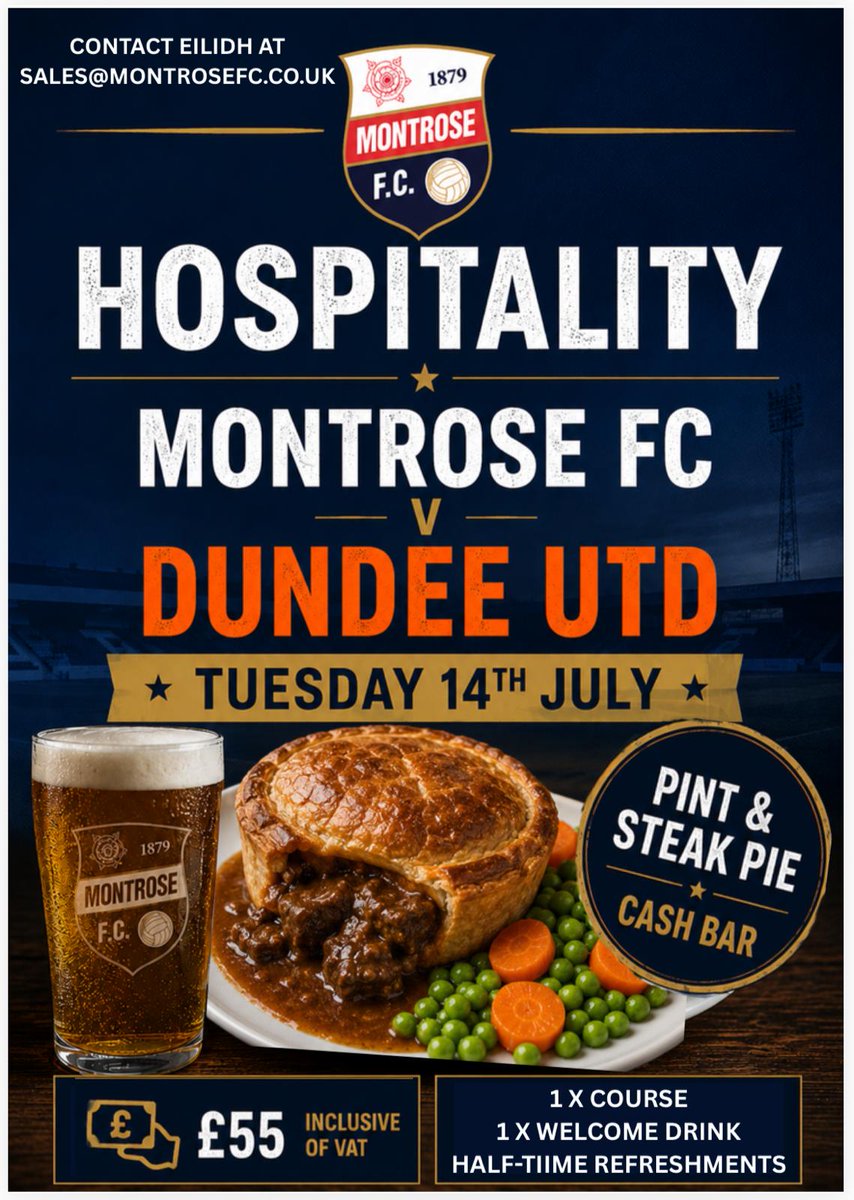 MontroseFC's tweet photo. PREMIER SPORTS HOSPITALITY

We kick-off our league cup group phase by welcoming Premiership side Dundee United to Links Park, with a Special Hospitality package on offer to enjoy the game in style for just £55.

Contact Eilidh at sales@montrosefc.co.uk for full details. https://t.co/Fcrpg3L5Z2