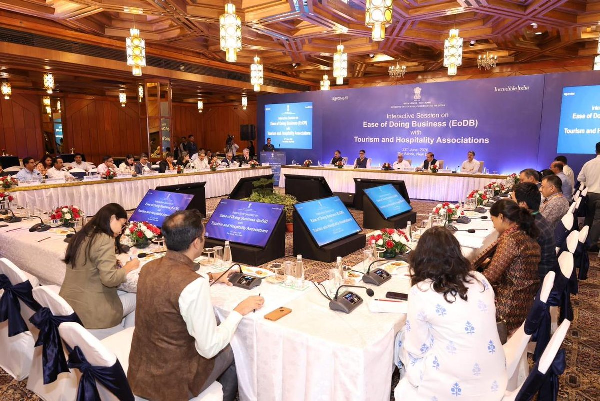 tourismgoi's tweet photo. Union Minister for Culture and Tourism, Shri Gajendra Singh Shekhawat, today engaged with representatives of the tourism and hospitality sector during the Ease of Doing Business (EoDB) Interactive Session held in New Delhi. 

(1/3) https://t.co/H5fXRF2ohN