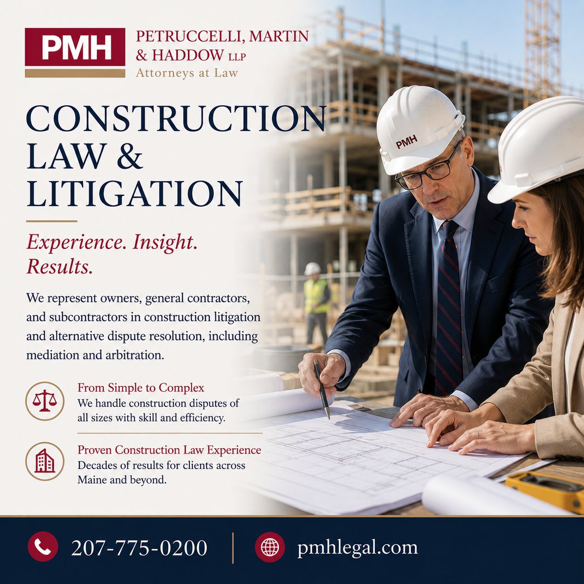 PmhLegal's tweet photo. PMH represents owners, general contractors, and subcontractors in construction disputes of all sizes. 

207-775-0200
https://t.co/Y8clnUQUpN https://t.co/s4NSl5HsuZ