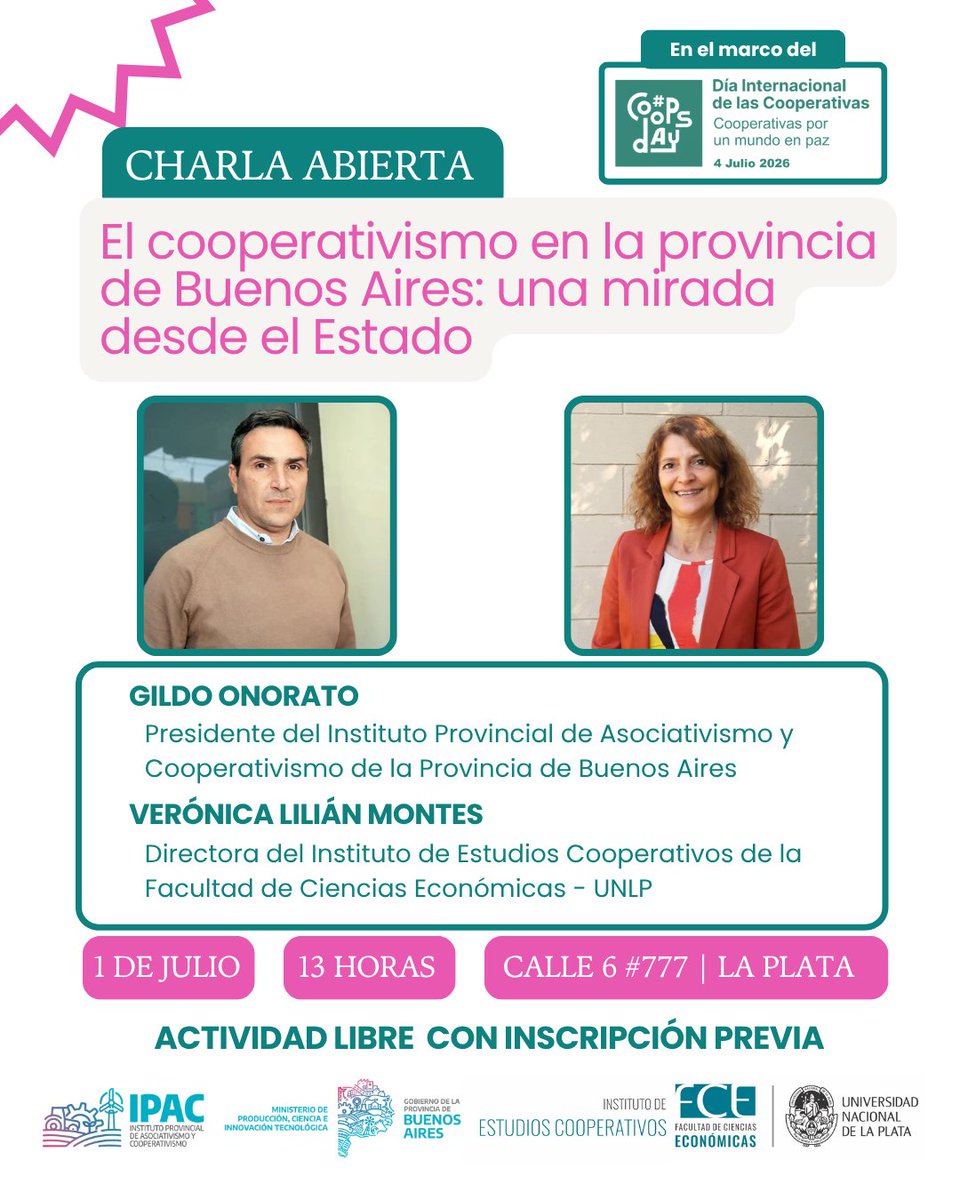 iecoopfceunlp's tweet photo. CHARLA ABIERTA: El cooperativismo en la provincia de Buenos Aires: una mirada desde el Estado

Miércoles 1/7 a las 13hs. Facultad de Ciencias Económicas UNLP – Calle 6 Nº 777  

Actividad libre y gratuita con inscripción previa completando el formulario https://t.co/5eZj3wiVCS https://t.co/gDP6YAKkAC