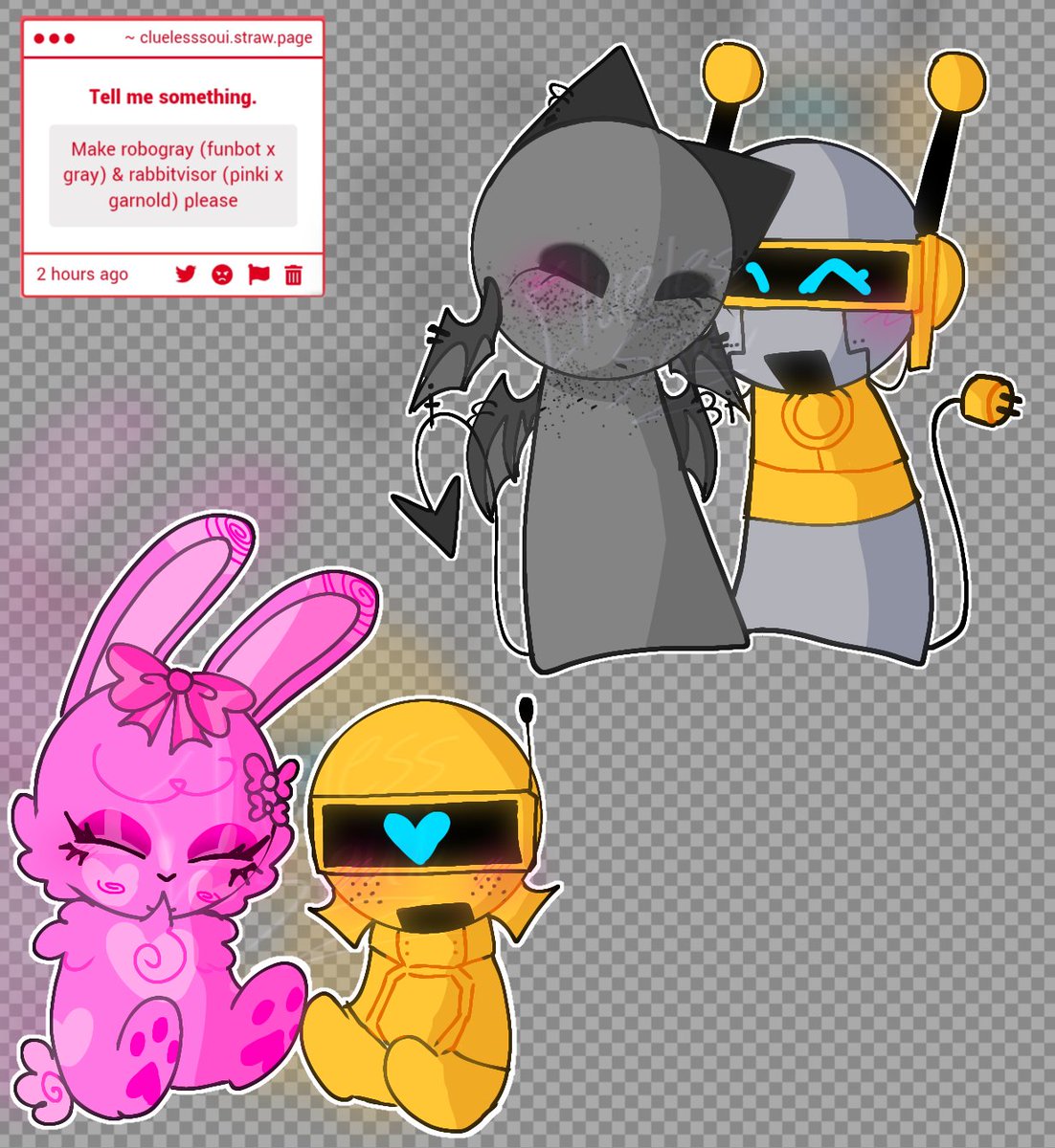 CluelessSoui's tweet photo. Funbot x Gray + Pinki x Garnold
— #cluelesssprunki #sprunkifanart #sprunkifandom #graybot #sprunkipinki #sprunkigarnold #sprunkigray #sprunkifunbot #incrediboxsprunki #sprunkiart #fanart https://t.co/7QwgbOjne1