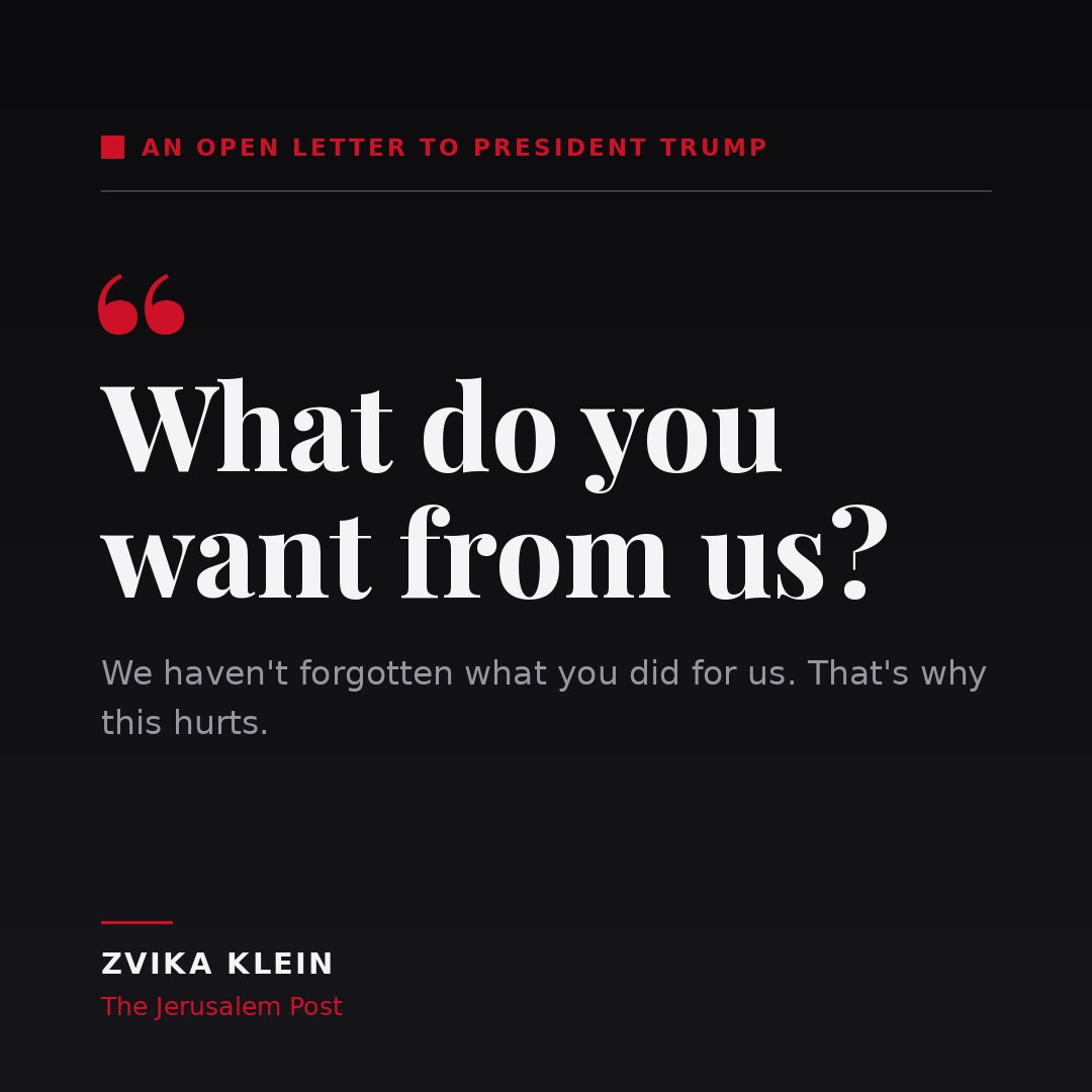 ZvikaKlein's tweet photo. What do you want from us, Mr. President?

We've read every statement and we still can't find the answer. And we're worn out from guessing.

So I wrote it down. An open letter to President Trump, from one of the ten million people he stood with not so long ago.

Link in comments. https://t.co/XjHOfT3Z1k