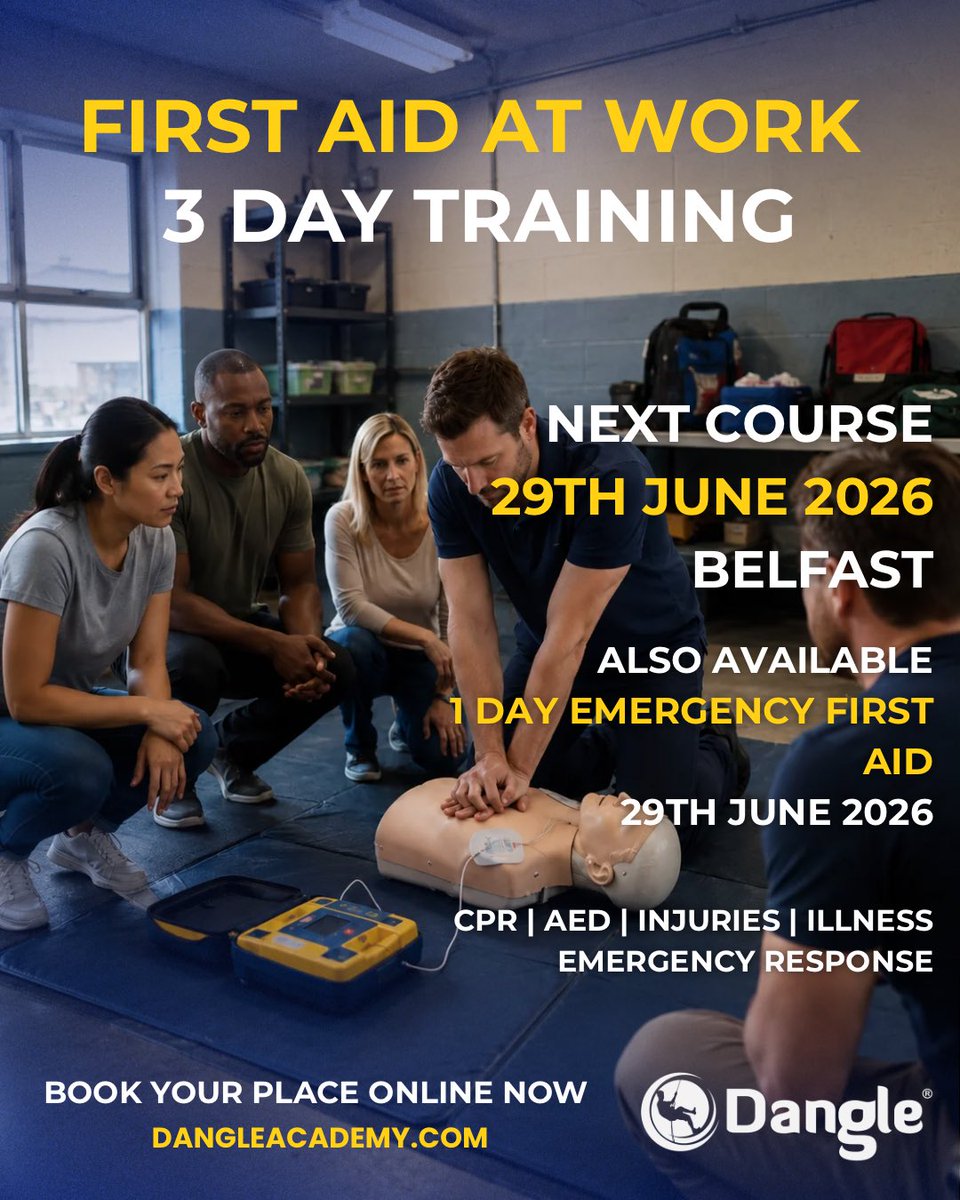 DangleAcademyNI's tweet photo. 🚑 Emergencies don't wait for help to arrive.
Our 3-Day First Aid at Work course gives delegates the skills to respond confidently to workplace incidents.
📅 29 June 2026 📍 Belfast
🌐 https://t.co/QdtfK5cYCv
#FirstAidTraining #WorkplaceSafety #CPR #AED #FirstAidAtWork https://t.co/FVTGwQ8rG0