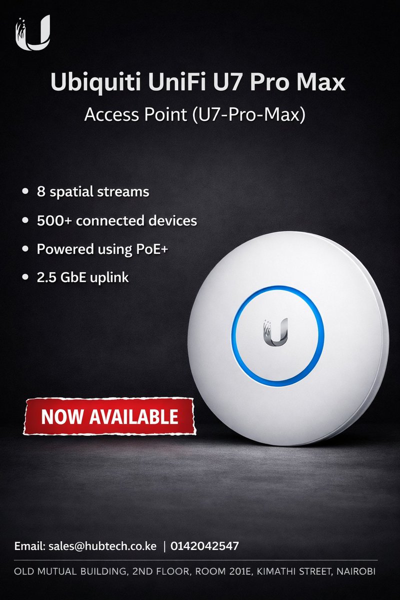 Techyshop2's tweet photo. Your office deserves WiFi 7 and thats why you need Ubiquiti UniFi U7 Pro Max. It can connect 500 devices and cover upto 160 m². You can order it out using the link https://t.co/lyCMopbayc. Call us on 0142042547/ sales@hubtech.co.ke for any inquiries. https://t.co/Et9oyPaEfD