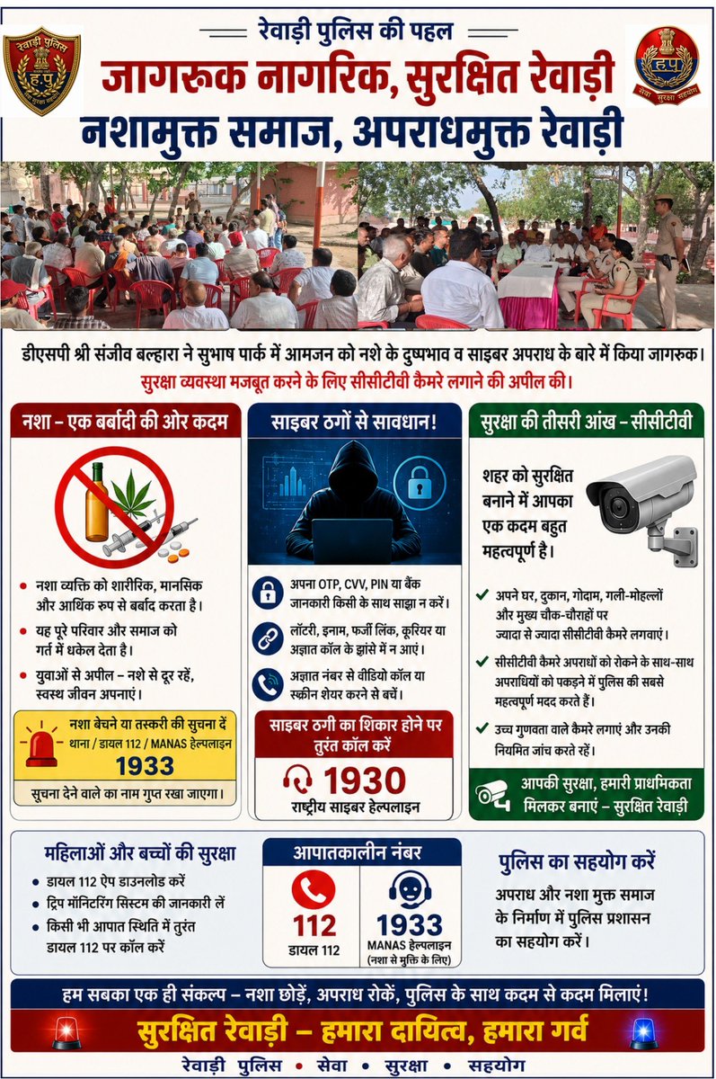 rewaripolice's tweet photo. 👮‍नशा मुक्त रेवाड़ी – सुरक्षित रेवाड़ी 
🎙️ डीएसपी श्री संजीव बल्हारा ने सुभाष पार्क में आयोजित जन-जागरूकता कार्यक्रम में आमजन को नशे के दुष्प्रभाव, साइबर अपराधों से बचाव और सीसीटीवी कैमरों के महत्व के बारे में जागरूक किया 🛡️ #RewariPolice @police_haryana  @IGP_SouthRange https://t.co/p4f1XsCvxg