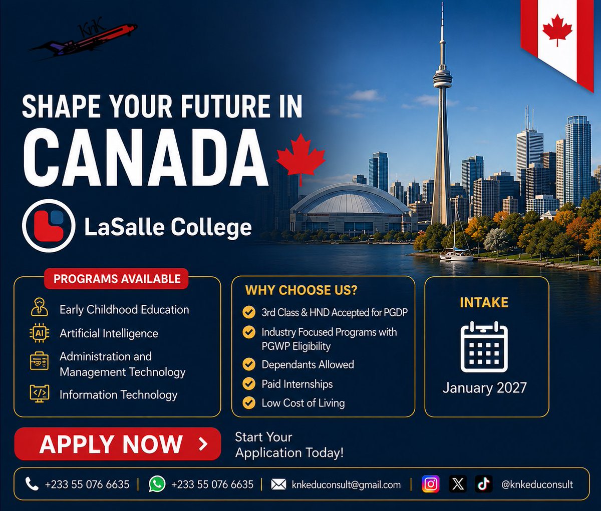 knkeduconsult's tweet photo. 🇨🇦 Dreaming of Canada?

January 2027 applications are open at LaSalle College. 🍁

📩 DM "CANADA" to begin.

#StudyInCanada https://t.co/MzWcSvMNJk