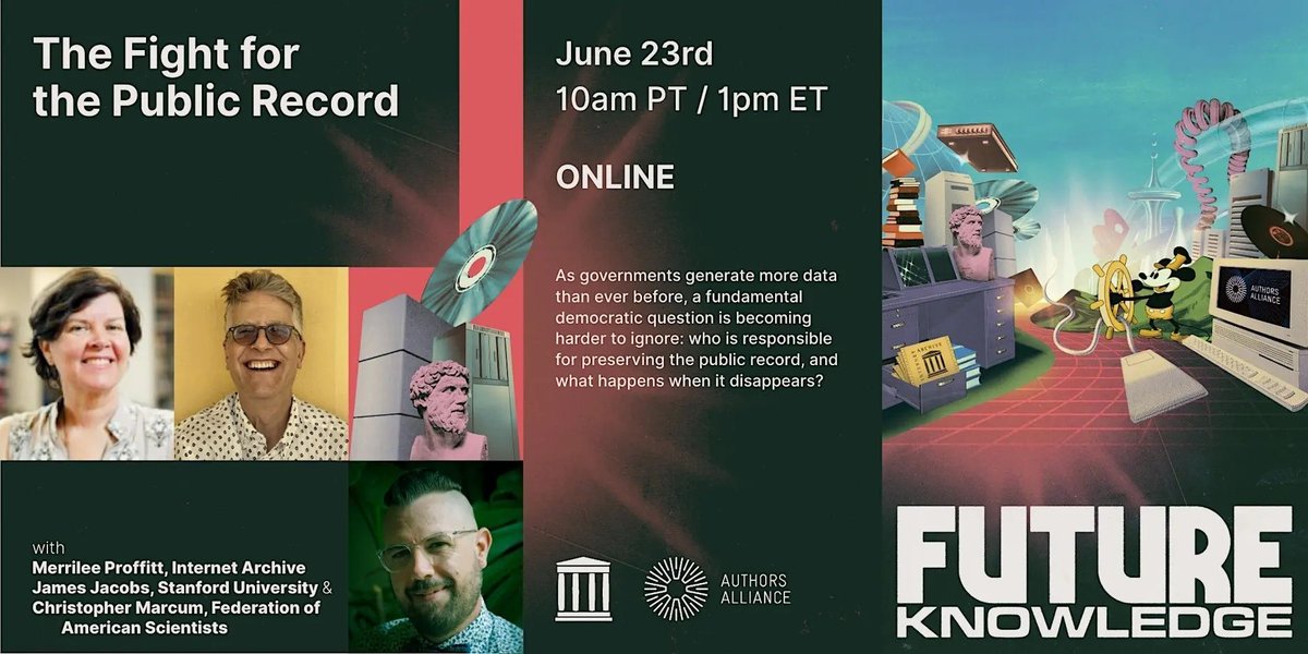 internetarchive's tweet photo. 📣 TOMORROW! 📣
There’s still time to join us for THE FIGHT FOR THE PUBLIC RECORD, a LIVE Future Knowledge #podcast conversation on one of the defining information challenges of our time.
📅 Tues, Jun 23
🕙 10AM PT
📍ONLINE
🎟️ https://t.co/H8di3w3Mtc
#FutureKnowledge #DigitalPreservation #OpenGovernment @MerrileeIAm