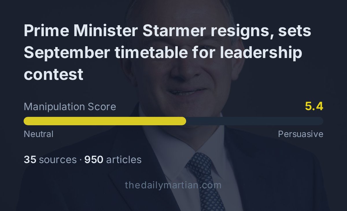 TheDailyMartian's tweet photo. UK Prime Minister Keir Starmer resigned on June 22. British media say he was forced out by internal party pressure and local election losses. President Trump says his immigration and energy policies were failures.

See all sides. Decide for yourself.
https://t.co/dTUGa2Nndd https://t.co/RtMCSr1XFC