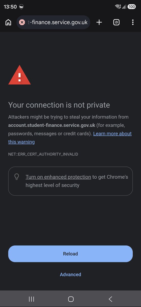 knfruitbat's tweet photo. @SLCComms I keep getting security alerts when trying to sort out student finance. Says your security certificates are out of date or your under cyber attack, try later. Been going on for weeks. https://t.co/YhxM4MVu6j