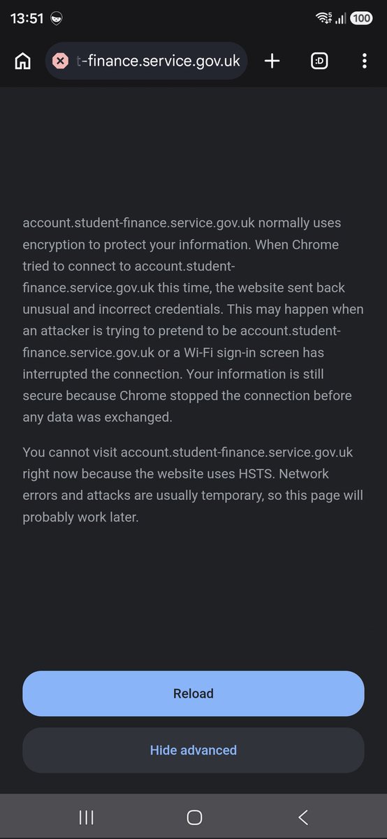 knfruitbat's tweet photo. @SLCComms I keep getting security alerts when trying to sort out student finance. Says your security certificates are out of date or your under cyber attack, try later. Been going on for weeks. https://t.co/YhxM4MVu6j