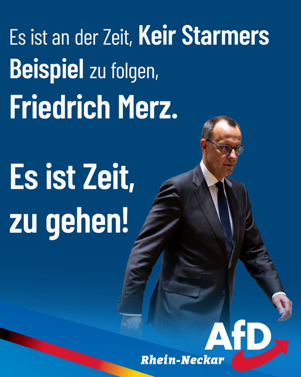 AfD_RNK's tweet photo. Der britische Staatschef, Keir Starmer, hat heute seinen Rücktritt angekündigt. Starmer stand für eine Politik wie Friedrich Merz in Deutschland. Der Fokus lag auf der Unterstützung der hochkorrupten Ukraine, während im eigenen Land tausende Bürger wegen Memes und Regierungskritik drangsaliert und zum Teil zu Jahren in Haft verurteilt wurden.

Auch in Deutschland sieht es nicht anders aus, Bundeskanzler Merz verrät die Interessen seiner Mitbürger am laufenden Band. Während die Wirtschaft aufgrund der ideologischen Politik im Niedergang begriffen ist, sorgt sich Merz um die Finanzierung der Ukraine und flutet das Land weiter mit illegalen Migranten, was dazu führt, dass unsere Sozialsysteme kurz vor dem Kollaps stehen.

Daher wurde Friedrich Merz in einer Umfrage auch zurecht zum unbeliebtesten Staatschef weltweit gekürt. Herr Merz, folgen Sie dem Beispiel von Keir Starmer und treten Sie endlich zurück!