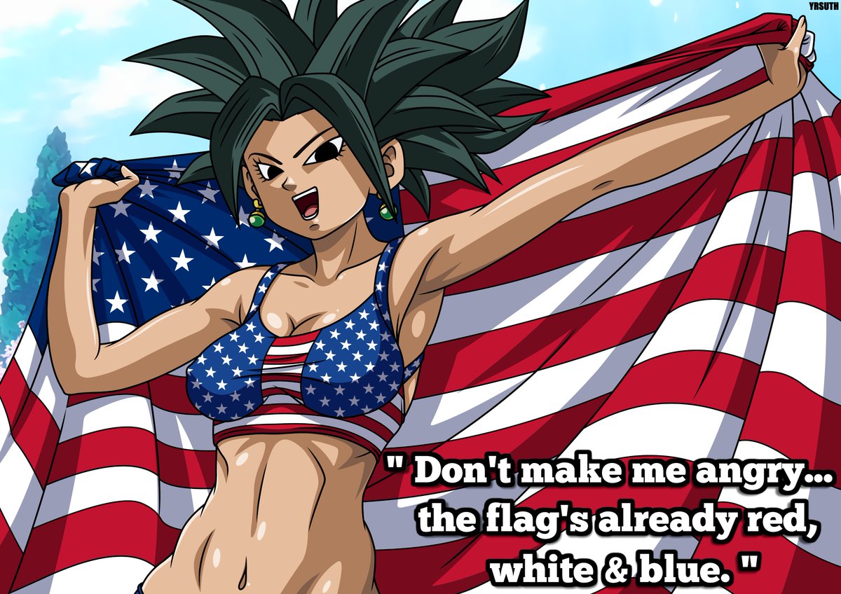 yrsuth's tweet photo. Special 250th Anniversary of the United States Fanart Series 🇺🇸Dragon Ball girls going full patriotic: American flag bikinis and heavy firepower. Because that’s how we celebrate with Saiyan style! 📷 #DragonBallSuper #DBS #DragonBallFanart #AnimeArt #Caulifla #Kale #Vados https://t.co/qyPYbuR0sY