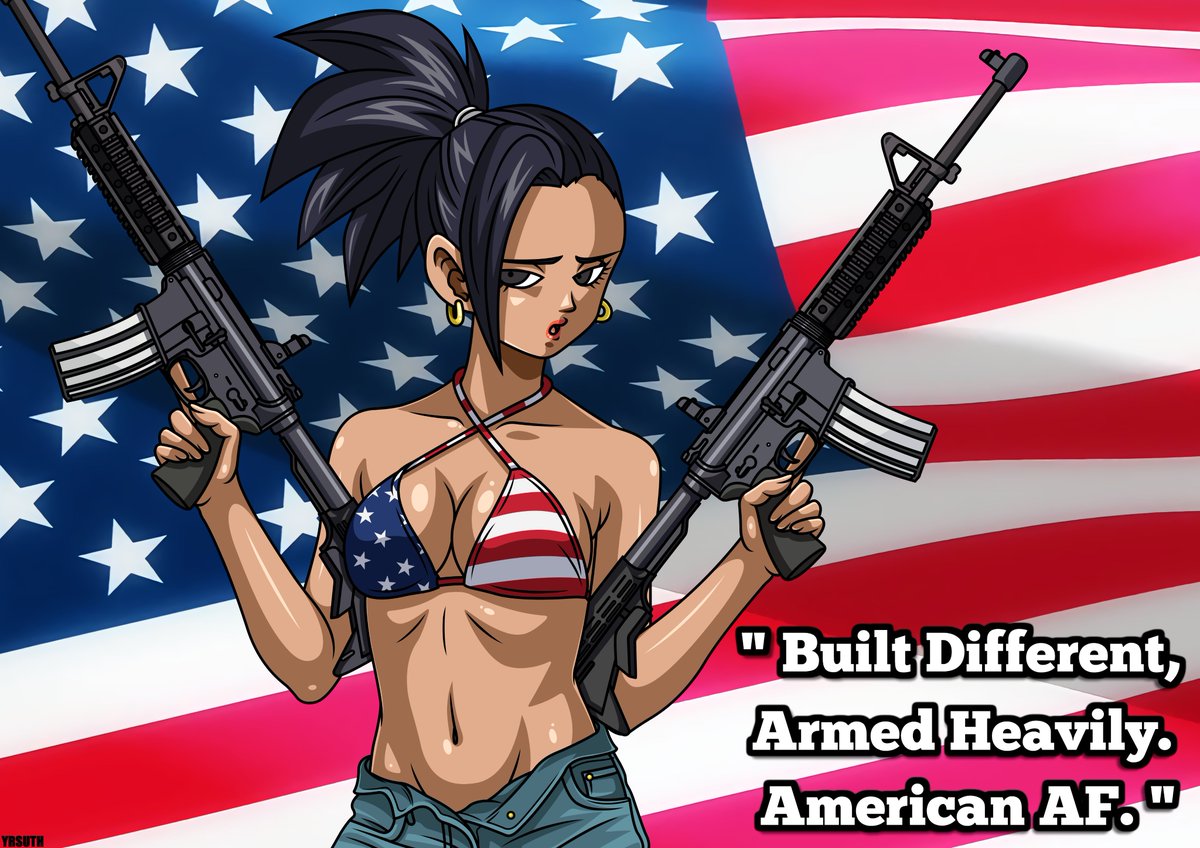 yrsuth's tweet photo. Special 250th Anniversary of the United States Fanart Series 🇺🇸Dragon Ball girls going full patriotic: American flag bikinis and heavy firepower. Because that’s how we celebrate with Saiyan style! 📷 #DragonBallSuper #DBS #DragonBallFanart #AnimeArt #Caulifla #Kale #Vados https://t.co/qyPYbuR0sY
