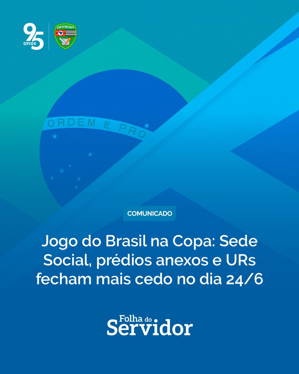 AFPESP1's tweet photo. Em função do jogo da seleção brasileira nesta quarta-feira (24), a Sede Social, os prédios anexos, a Unidade CBI e as unidades regionais encerrarão o atendimento ao público às 14h. Saiba mais: https://t.co/hUrsUiVR4G https://t.co/313ZfxfNl3