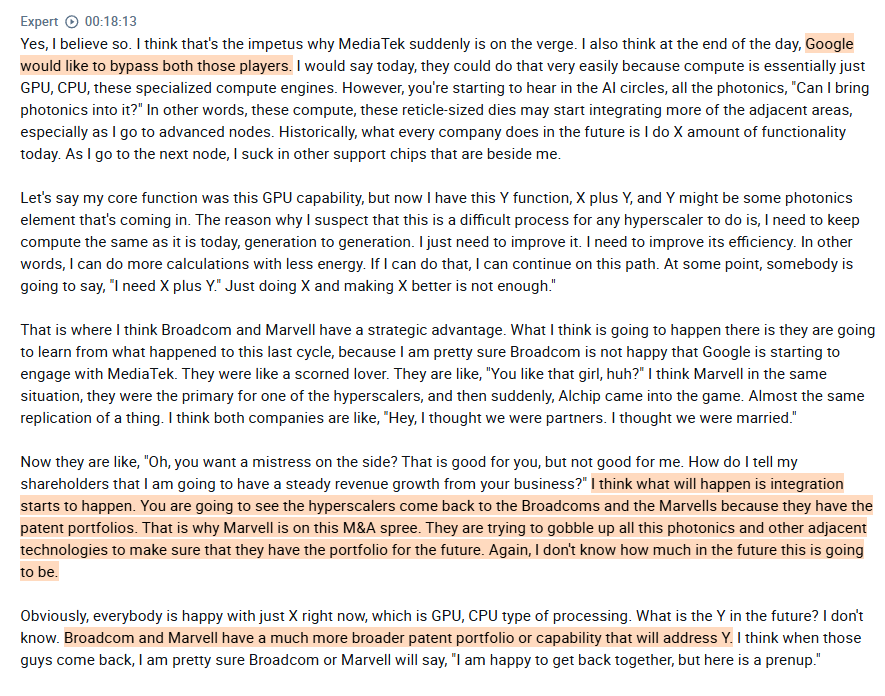 AlphaSenseInc's tweet photo. Interview with an $AMD employee on why photonics and next-generation chip complexity will bring hyperscalers back to $AVGO and $MRVL ( $AMZN, $GOOGL, $MSFT ):

- The expert sees $GOOGL's approach to $AVGO and MediaTek as a deliberate move to never rely too heavily on one supplier, alternating chip development between vendors across generations so that no single partner can take advantage of the relationship, something the expert notes silicon companies have been known to do.

- The margin differential is a strong financial incentive, with $AVGO running at 70%+ gross margins compared to MediaTek's 50-60% range, and a newcomer potentially going even lower to win business, creating savings that $GOOGL could redirect toward building more internal silicon independence.

- $GOOGL already handles the front-end chip design itself, which is the most valuable part of the process, while outsourcing backend layout, manufacturing, and $TSM coordination to partners like $AVGO or MediaTek, meaning the switching cost is lower than it might appear from the outside.

- The expert sees custom silicon, including $GOOGL's TPU, still in an early phase rather than at meaningful volume production when measured against $NVDA's scale. He believes that 2028 is the more realistic inflection point, citing $GOOGL's recent announcement that $INTC Foundry will produce around 3 million TPU units that year as the first real signal of meaningful scale.

- The expert emphasizes $GOOGL's biggest challenge in scaling TPU adoption as an ecosystem problem rather than a hardware one. $NVDA's CUDA has years of developer familiarity behind it, and $GOOGL's tooling, while improving, has not yet reached the point where it can automate the heavy lifting without engineering support. For high-value customers like Anthropic, $GOOGL can afford to dedicate engineering resources to make the transition work, but that model does not scale to the broader market.

- The expert believes things will get more interesting when chips need to do more than just compute, with photonics and other technologies starting to get pulled into next-generation designs. That is where $AVGO and $MRVL have an advantage, given their broader patent portfolios in these areas. The expert expects hyperscalers to come back to these players as chip complexity grows beyond what pure compute improvements can handle, and notes that $AVGO and $MRVL will be in a stronger negotiating position at that point, having learned from being sidelined.