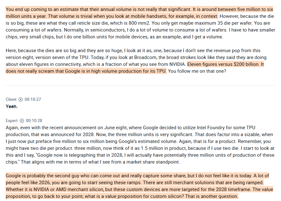 AlphaSenseInc's tweet photo. Interview with an $AMD employee on why photonics and next-generation chip complexity will bring hyperscalers back to $AVGO and $MRVL ( $AMZN, $GOOGL, $MSFT ):

- The expert sees $GOOGL's approach to $AVGO and MediaTek as a deliberate move to never rely too heavily on one supplier, alternating chip development between vendors across generations so that no single partner can take advantage of the relationship, something the expert notes silicon companies have been known to do.

- The margin differential is a strong financial incentive, with $AVGO running at 70%+ gross margins compared to MediaTek's 50-60% range, and a newcomer potentially going even lower to win business, creating savings that $GOOGL could redirect toward building more internal silicon independence.

- $GOOGL already handles the front-end chip design itself, which is the most valuable part of the process, while outsourcing backend layout, manufacturing, and $TSM coordination to partners like $AVGO or MediaTek, meaning the switching cost is lower than it might appear from the outside.

- The expert sees custom silicon, including $GOOGL's TPU, still in an early phase rather than at meaningful volume production when measured against $NVDA's scale. He believes that 2028 is the more realistic inflection point, citing $GOOGL's recent announcement that $INTC Foundry will produce around 3 million TPU units that year as the first real signal of meaningful scale.

- The expert emphasizes $GOOGL's biggest challenge in scaling TPU adoption as an ecosystem problem rather than a hardware one. $NVDA's CUDA has years of developer familiarity behind it, and $GOOGL's tooling, while improving, has not yet reached the point where it can automate the heavy lifting without engineering support. For high-value customers like Anthropic, $GOOGL can afford to dedicate engineering resources to make the transition work, but that model does not scale to the broader market.

- The expert believes things will get more interesting when chips need to do more than just compute, with photonics and other technologies starting to get pulled into next-generation designs. That is where $AVGO and $MRVL have an advantage, given their broader patent portfolios in these areas. The expert expects hyperscalers to come back to these players as chip complexity grows beyond what pure compute improvements can handle, and notes that $AVGO and $MRVL will be in a stronger negotiating position at that point, having learned from being sidelined.