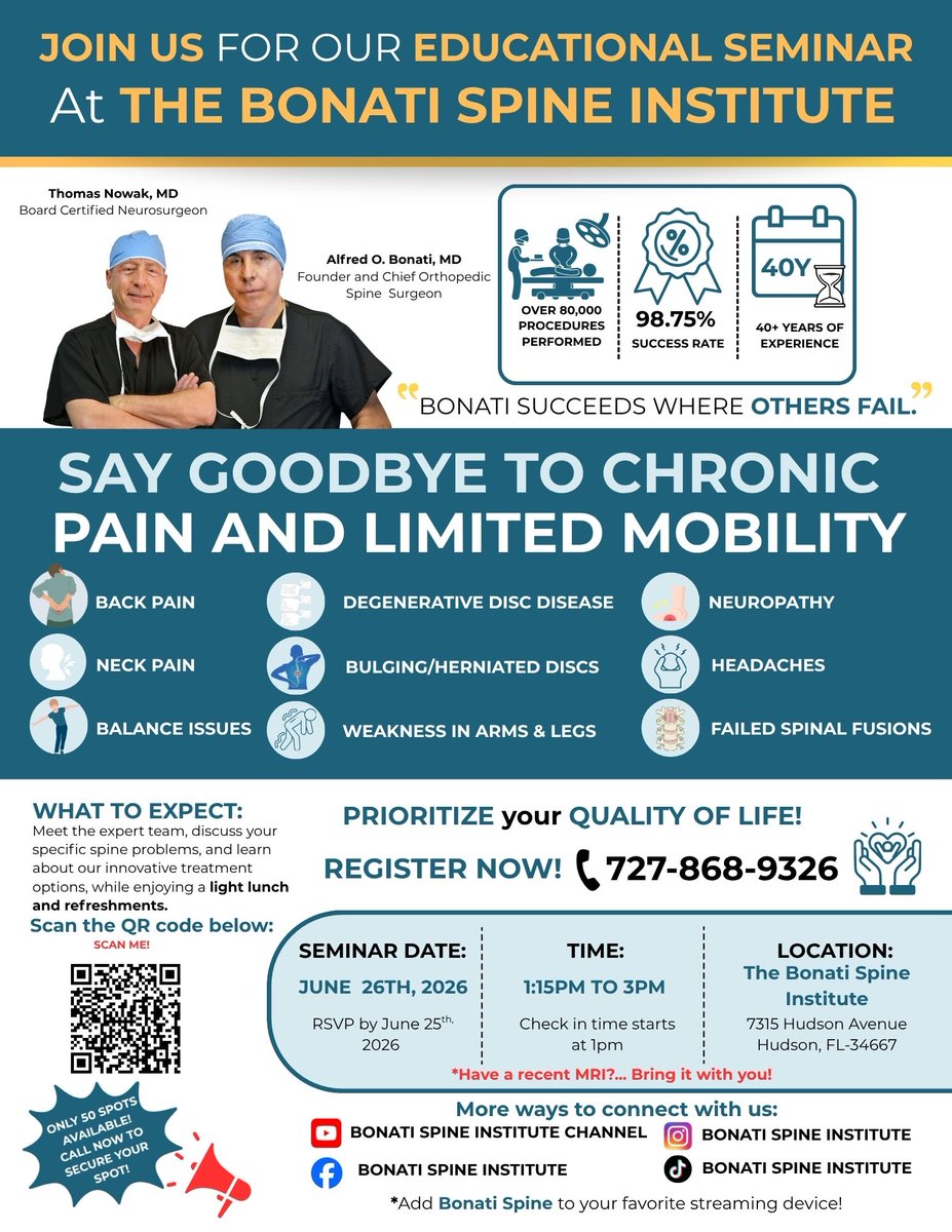 DrBonati's tweet photo. 🚨 Chronic back/ neck pain holding you back? Friday, 7/26, Drs. Alfred Bonati &amp; Thomas Nowak are hosting an intimate in-person seminar @ the Bonati Spine Institute.

Discover what real recovery looks like.

📍 Hudson, FL | 1:15–3:30 PM | Bring your MRI
Call (727) 868-9326 to RSVP https://t.co/lktJlp5b6B