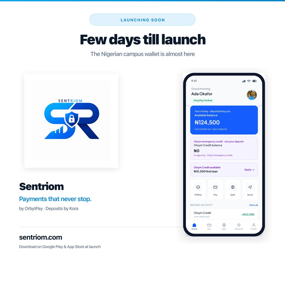 sentriom's tweet photo. Few days left.
Payments that never stop.
Sentriom. 🔒💙
#sentriom #orbytpay https://t.co/1BephnCBkm