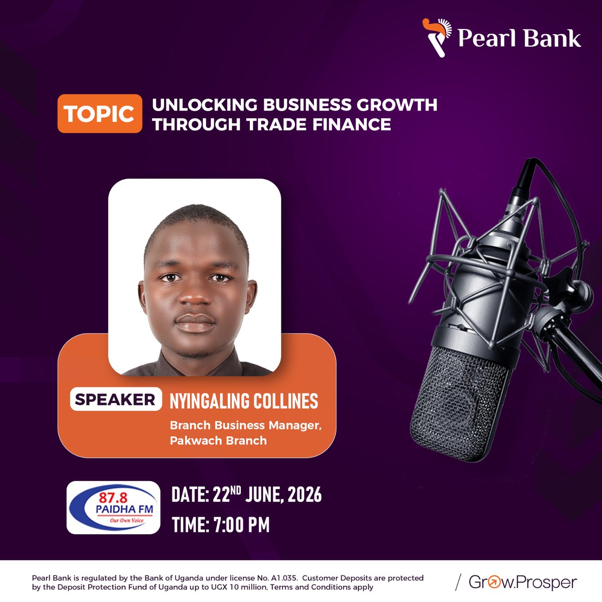 pearlbank_ug's tweet photo. Got a contract to deliver? Need stock before payment comes in?

Tune in to @RadioPaidhaLtd 87.8 and hear from Nyingaling Collines our Branch Business Manager – Pakwach Branch, as he shares practical insights on how our Trade Finance solutions can help you seize opportunities and keep operations moving.

#PearlBankUg #GrowProsper