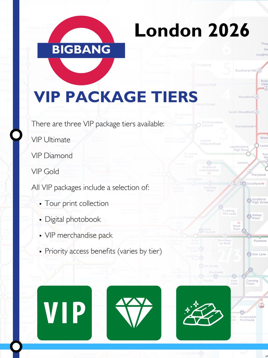 bigbangukvip's tweet photo. #BIGBANG LONDON 2026 — VIP GUIDE

Breakdown of VIP tiers for the London show (26 Sept 2026): what each package includes + how they differ.

⚠️ Based on current AXS info. Packages, pricing, seating &amp; availability may change. https://t.co/HaYrwF3Dq9