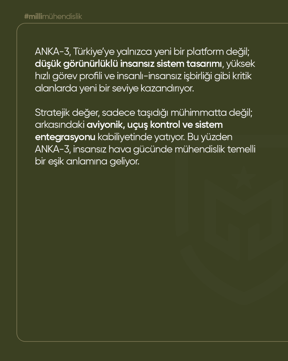 millimudafaa_tr's tweet photo. ANKA-3, Türkiye’nin insansız hava gücünde yaln��zca yeni bir platform geliştirmediğini; düşük görünürlük, uçan kanat aerodinamiği, turbofan itki, görev entegrasyonu ve yüksek hızlı taarruz yaklaşımı gibi kritik alanlarda yeni bir mühendislik seviyesine çıktığını gösteriyor. Onu klasik İHA’lardan ayıran nokta, sadece havada kalması değil; keşif ve taarruzu daha zor tespit edilen, daha çevik ve daha etkili bir mimaride birleştirmesidir. Türk mühendisliği burada yalnızca bir İHA değil, yeni nesil insansız muharebe uçağı anlayışı ortaya koyuyor.

Yasal Bilgilendirme

Bu içerik, resmî açıklamalar ve açık kaynak savunma analizleri temel alınarak hazırlanmıştır. Kamuya açıklanmayan teknik detaylara ilişkin değerlendirmeler, açık kaynak yorumlarına dayanmaktadır.

#millimüdafaa #savunmasanayii #türkmühendisliği #yerlimilli #anka3 #tusaş