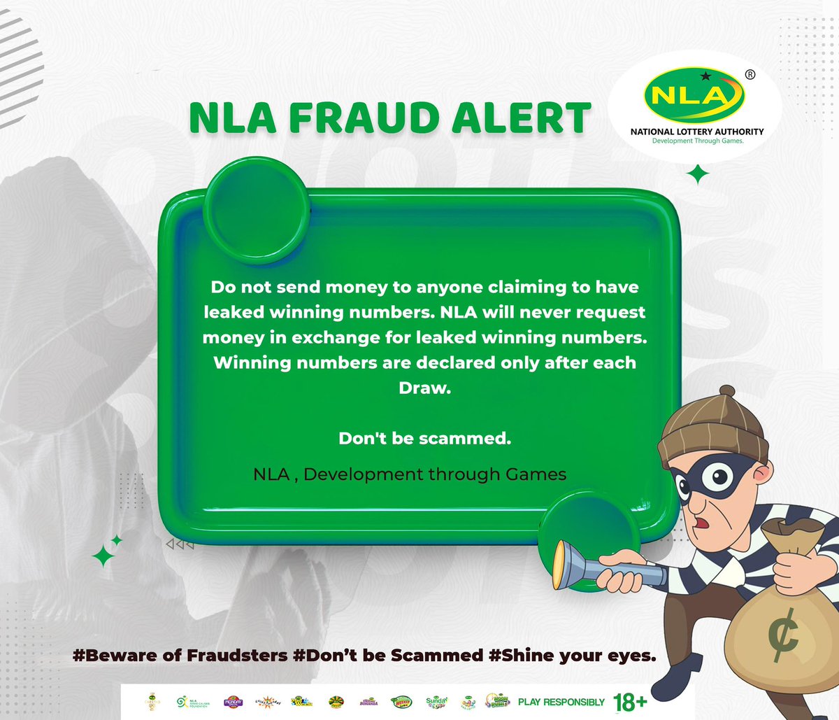 LotteryGhana's tweet photo. PUBLIC NOTICE 

#staysafe #DevelopmentThroughGames #PlayResponsibly #NLA #ResponsibleGaming https://t.co/5S8In1hyAL