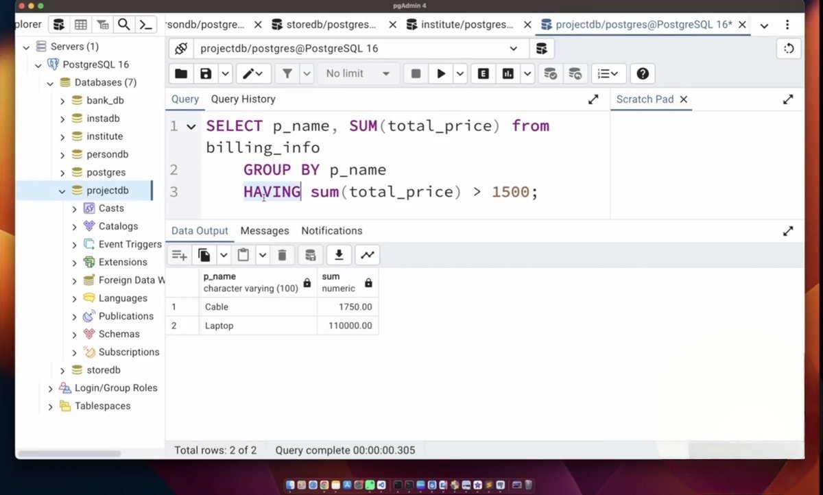 SJcorrupt's tweet photo. Day 14 of Backend
• Done with PostgreSQL (enough to explain things).
• Worked with VIEWS.
• Worked with HAVING clause.
• Worked on few user defined functions.
• Worked with WINDOW function.
• Learnt about CTE (Common table expression) and Triggers.

#buildinpublic https://t.co/E6J4jTN71f