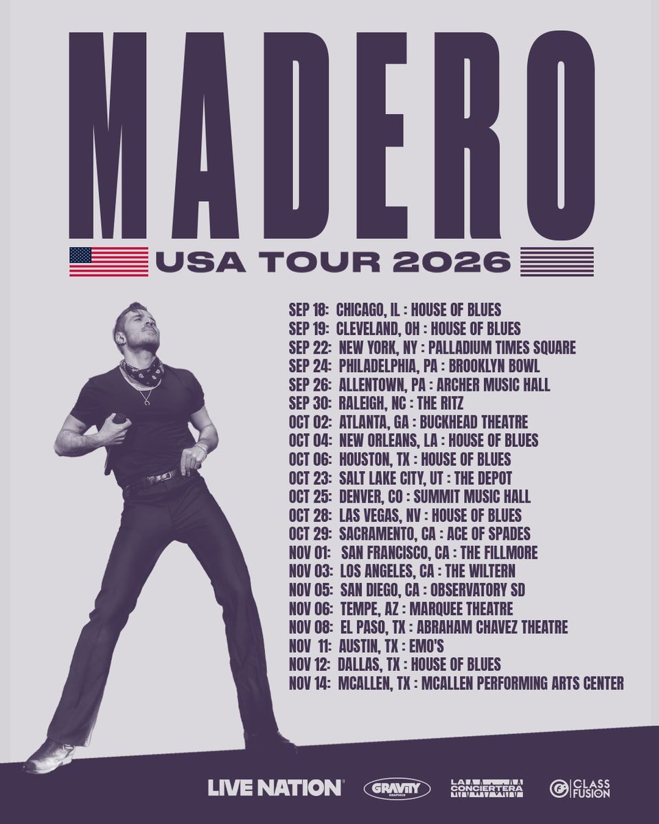 ClassMusic's tweet photo. USA 🇺🇸, @jose_madero regresa con 21 fechas por gran parte del país como parte de su USA Tour 2026.
Preventa Citi: 23 de junio

Venta general: 26 de junio
Boletos disponibles en https://t.co/J1u1VSKHvD 🎟️
¿En qué ciudad nos vemos? 👀🎤 #USATour26 https://t.co/Toqb8fJ2Ar