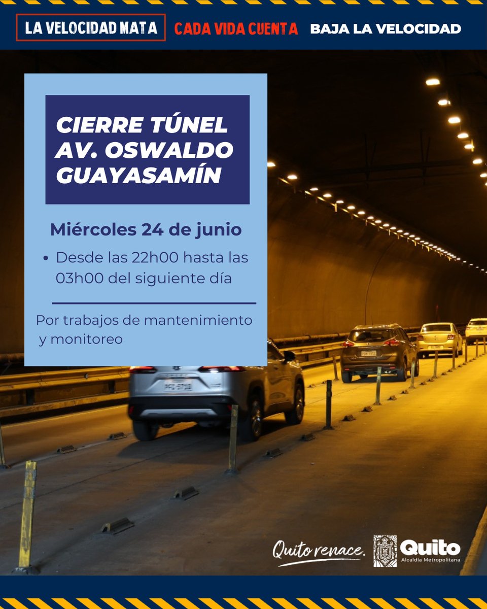 ObrasQuito's tweet photo. ⚠️#InfraestructuraVial | PILAS⚠️

HOY desde las 22h00 hasta 03h00 del jueves 25 de junio hay cierre del túnel #OswaldoGuayasamín.

Más cierres viales aquí➡️ https://t.co/jxylFEBpY4

#QuitoRenace #QuitoNoSeDetiene https://t.co/thAQDpi9WU