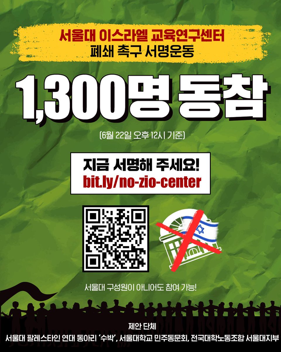 snusoobak's tweet photo. 💥서울대 ‘이스라엘 교육연구센터’ 폐쇄 촉구 서명운동 현황을 보고드립니다.💥

6월 22일 현재까지 1,300명이 참여해 주셨습니다‼️
학내 구성원들과 시민들께서 많은 관심을 갖고 참여해주신 덕분입니다.

이 서명운동은 새 학기가 시작되는 9월까지 계속 진행하고자 합니다. 방학 동안에는 평화와 인권을 지향하는 활동가, 정치인, 종교인, 문학인, 교수님 등에게 폭넓은 참여를 요청드리고, 시민사회 단체들에도 홍보를 요청드릴 계획입니다. 🇵🇸

지금 바로 서명해주시고,
적극 공유해주시길 부탁드립니다.🔥

✍️ 서명 링크: https://t.co/bdjDbe3otH
 * 서울대 구성원이 아니어도 참여 가능합니다.

✅ 서명 제안 단체: 서울대 팔레스타인 연대 동아리 ‘수박’, 서울대학교 민주동문회, 대학노조 서울대지부 

2024년 6월 서울대 당국은 인종학살·전범 국가 이스라엘을 미화하는 “이스라엘 교육연구센터”를 개소했습니다. 이 센터는 주한 이스라엘 대사관이 공식 참여하고 있으며, 기독교 시온주의 단체로부터 자금을 지원받고 있습니다.

이 센터는 이스라엘이 “다문화주의”와 “평화”를 추구한다는 가당찮은 주장을 늘어놓으며 한국이 이스라엘의 교육을 본받아야 한다고 주장합니다. 서울대학교의 명망을 이용해 거짓 프로파간다를 전파하고 이스라엘을 미화하는 이 센터는 즉각 폐쇄되어야 합니다! 🏛❌