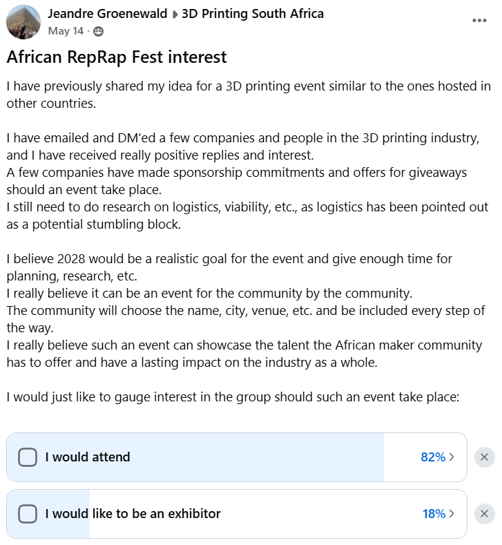 Jeandre_11's tweet photo. African RepRap Fest

I have had this idea for a while, and when @cyanidesugar_ pitched the idea for an Australian RepRap Fest, I thought, why not one in Africa too?

I believe it will go a long way in growing 3D printing on the continent of Africa. 1/5

#3dprinting #3dprint https://t.co/WkYdapQJOs