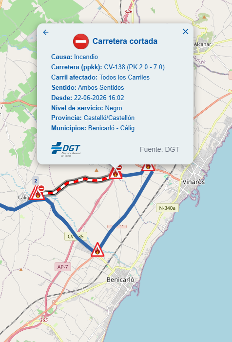 DGTes's tweet photo. 📢⚫️En Castellón, cortada la CV-138 entre los entornos de Vinarós, Benicarló y Cálig.

➡️Entre los P.K. 2 y 7.
➡️Desvíos por CV-135, N-340 y N-232.

⚠️Mucha precaución en la zona. https://t.co/X6ab8e9mDf