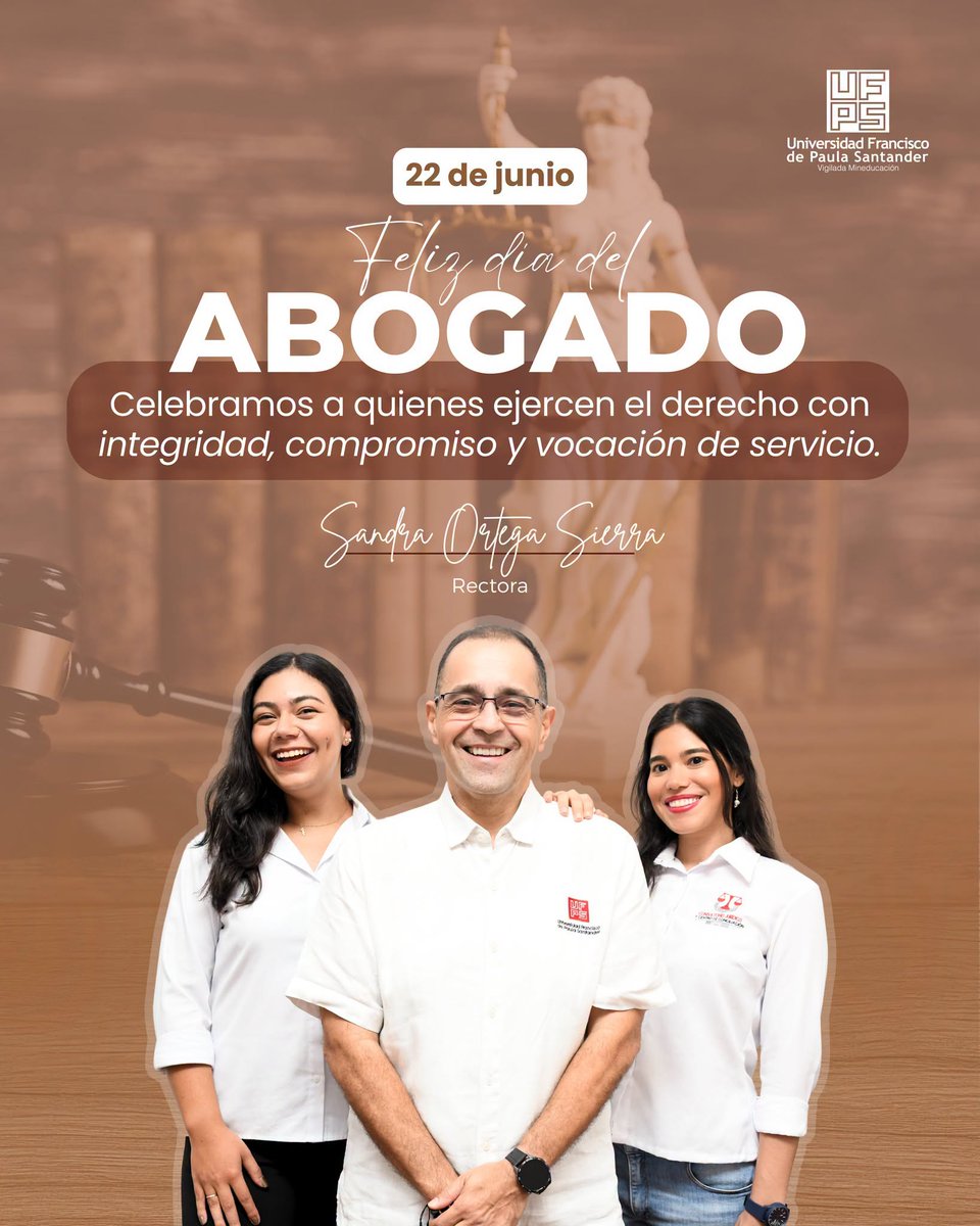 UFPSCUCUTA's tweet photo. ⚖️ En el Día del Abogado, reconocemos a quienes ejercen el Derecho con ética, compromiso y vocación de servicio, contribuyendo a la defensa de los derechos y la construcción de una sociedad más justa. ¡Feliz día! 📚✨ https://t.co/jrzDBj2kpw