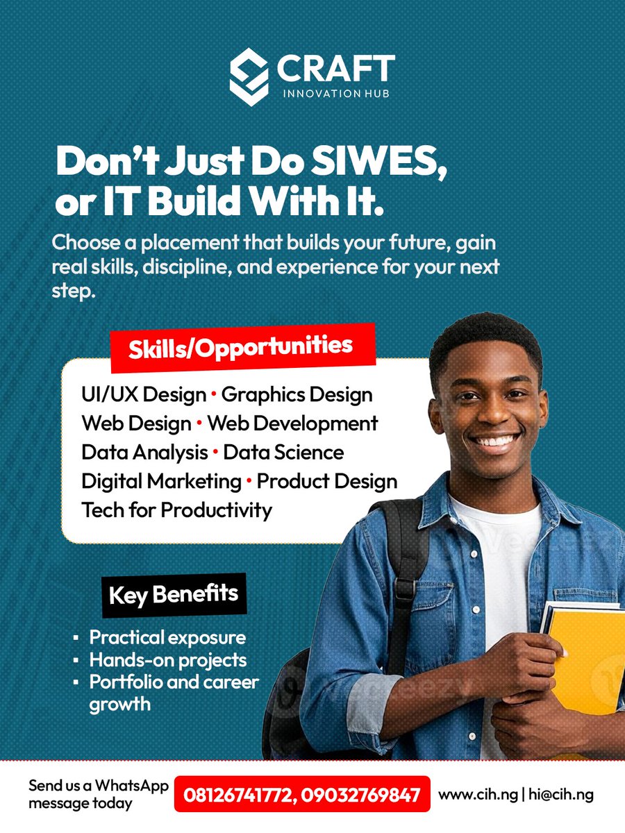 craft_ihub's tweet photo. 🚀 SIWES is not just a requirement, it can be your launchpad!

At Craft Innovation Hub, students are currently turning their SIWES into real practical skills in Data, UI/UX, Digital Marketing &amp; more. https://t.co/M7NQzK6aA7