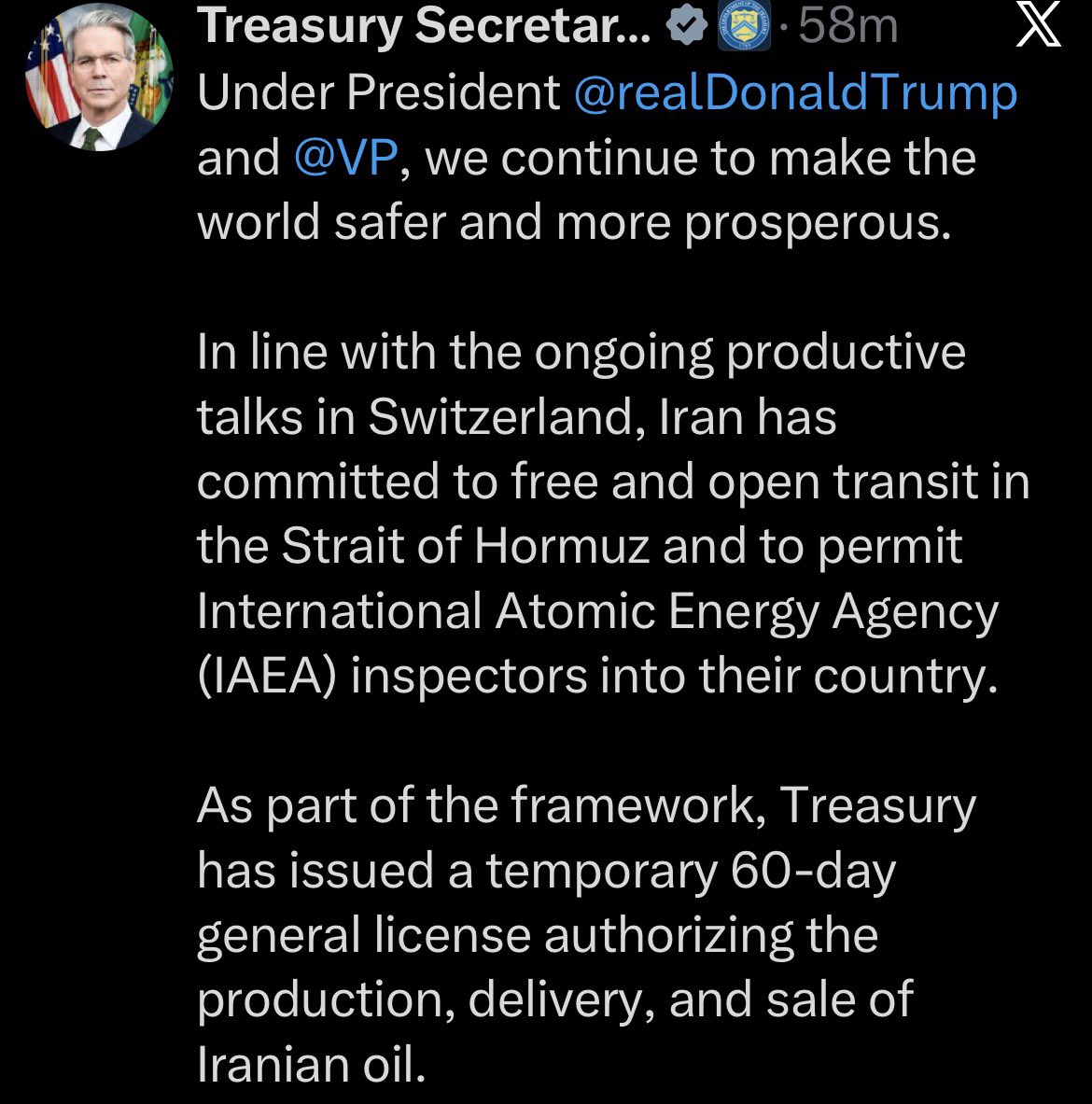 sentdefender's tweet photo. Statement from U.S. Treasury Secretary on the recently released sanctions waiver for the “production, delivery, and sale of Iranian oil.” https://t.co/obm1deOTmo