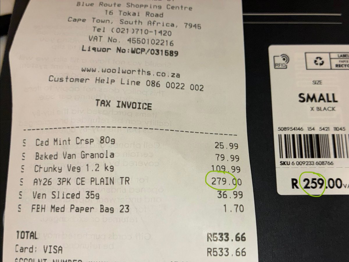 MichaelMee's tweet photo. @WOOLWORTHS_SA I discovered on returning home that Woolies overcharged me for an item. How do I recover this without using my own time and petrol to return to the store to correct Woolies’ error? I reached out to the in app help but received no response. https://t.co/NjsdVMdRfV