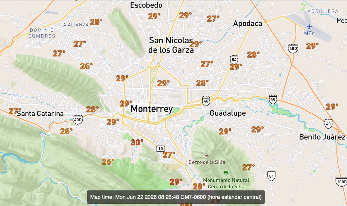 MauroMoralesMtz's tweet photo. Temperaturas de 26˚ a 29˚ en la zona metropolitana de #Monterrey al amanecer de este lunes, con #Aceptable calidad del aire en 8 estaciones y #Buena en 7. Hoy se espera un día medio nublado con máximas de 35˚. Pocas probabilidades de lluvia durante la semana. https://t.co/JGvDDL6kId
