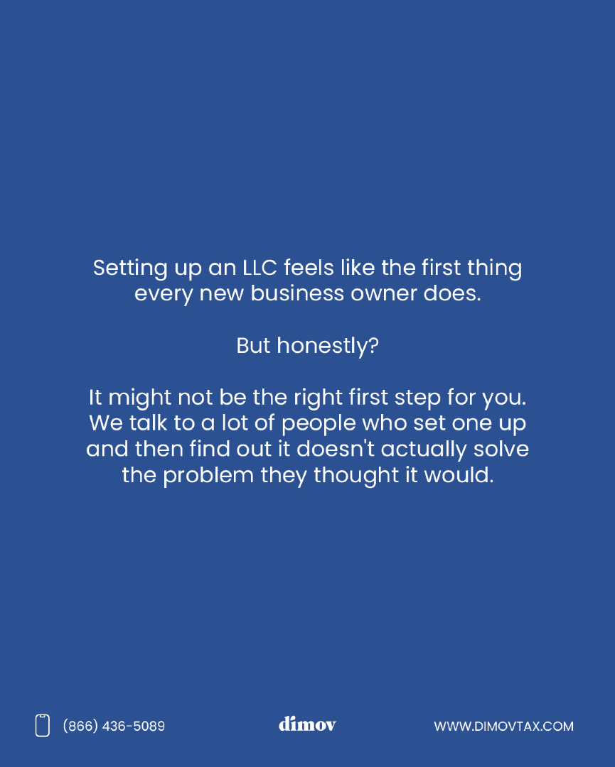 GeorgeDimovCPA's tweet photo. Everyone told you to get an LLC first. Almost nobody told you when not to. 👀
Setting one up feels like the official "I'm a real business now" move… but for a lot of people, it solves a problem they don't actually have yet.
Before you file, there are 3 questions worth asking yourself (slide 3 👉). If you can't answer them clearly, you might be paying for protection you don't need — or skipping the one step that actually matters.
Swipe through before you spend the money. Then tell me: did you set up your LLC before or after you really needed it?
🌐 https://t.co/pQrXm2VFSY
📞 866-436-5089

#smallbusiness #entrepreneurtips #llc #startupadvice #businessowner