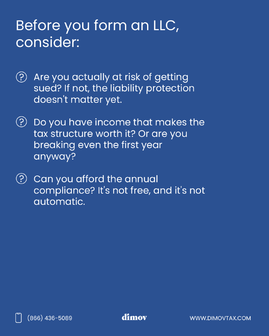 GeorgeDimovCPA's tweet photo. Everyone told you to get an LLC first. Almost nobody told you when not to. 👀
Setting one up feels like the official "I'm a real business now" move… but for a lot of people, it solves a problem they don't actually have yet.
Before you file, there are 3 questions worth asking yourself (slide 3 👉). If you can't answer them clearly, you might be paying for protection you don't need — or skipping the one step that actually matters.
Swipe through before you spend the money. Then tell me: did you set up your LLC before or after you really needed it?
🌐 https://t.co/pQrXm2VFSY
📞 866-436-5089

#smallbusiness #entrepreneurtips #llc #startupadvice #businessowner