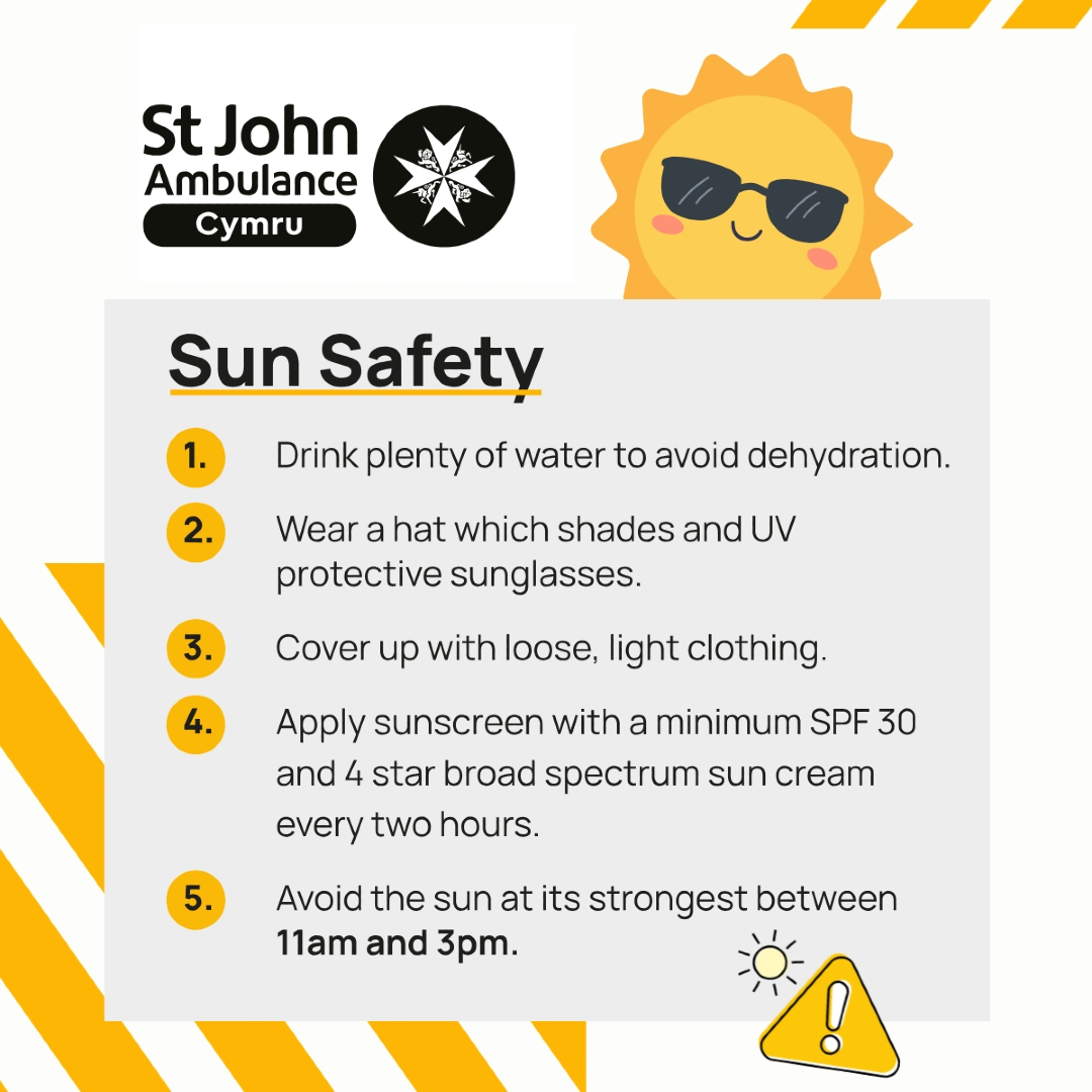 SJACymru's tweet photo. With amber and red extreme heat warnings covering large areas of Wales and England for the next few days, here are 5 top tips for staying safe, such as keeping hydrated and avoiding the sun when its at its strongest.

Please keep safe and check-in on those who may need extra help https://t.co/nVAQO0WHkR