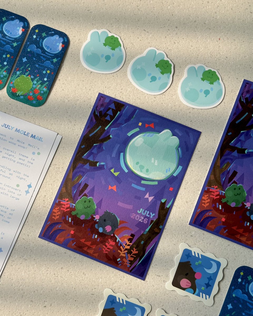 purizilla's tweet photo. July's Mole Mail is here!
A little respite under the moon and stars 🐸🐭🌟 #mailclub 

Grab yours here! Shipping will start at the first week of each month 📬 (indo only)
🔗 https://t.co/lYyIprdbCA https://t.co/kIN80EaeCQ