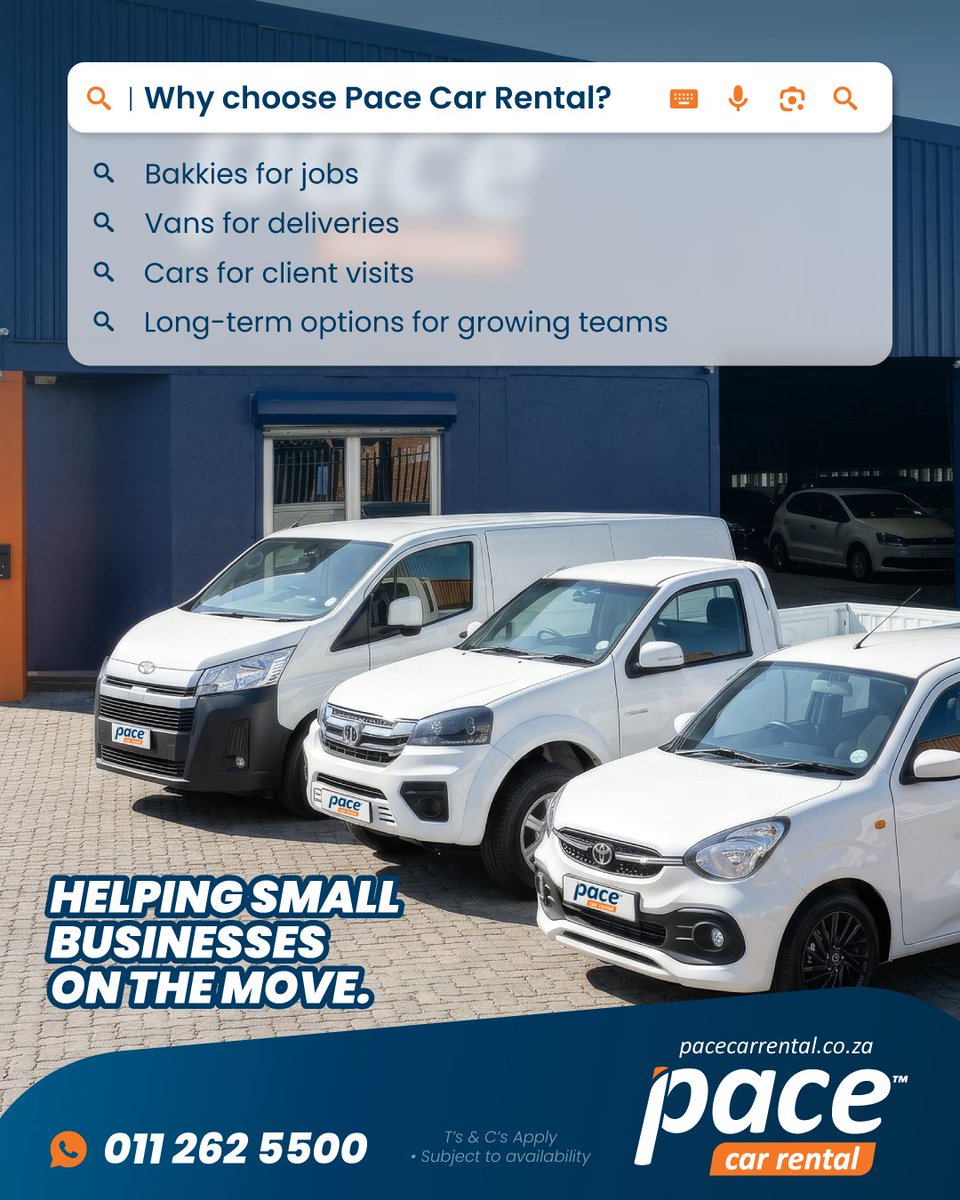 PaceCarRental1's tweet photo. Different jobs need different vehicles.

Bakkies for site work. Vans for deliveries. Cars for client visits. Flexible rentals for businesses on the move.

📞 011 262 55 00
🌐 https://t.co/clY1OQSVyy

#BusinessCarRental #BakkieRental #VanRental https://t.co/x1NdbbmpFr