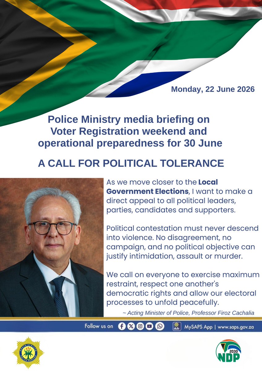 SAPoliceService's tweet photo. #PoliceMinistry [READ: ADDRESS BY THE ACTING MINISTER OF POLICE, MR FIROZ CACHALIA, ON VOTER REGISTRATION WEEKEND AND OPERATIONAL PREPAREDNESS FOR 30 JUNE] The Acting Minister of Police, Mr Firoz Cachalia was today, 22/06, joined by the Minister of Defence and Military Veterans, Ms Angie Motshekga, the Deputy Ministers of Police, Mr Cassel Mathale and Dr Polly Boshielo and the leadership of the #SAPS led by the Acting National Commissioner of SAPS, Lt Gen Puleng Dimpane, following a meeting on the review of the integrated #NatJOINTS operational plan ahead of the anticipated developments on 30 June.

The purpose of today's briefing was to provide an update on the voter registration weekend, to outline the security measures that have been put in place, and to reassure all South Africans that government is fully prepared to maintain peace, stability and the rule of law.  ME
https://t.co/4on4M8JmoO