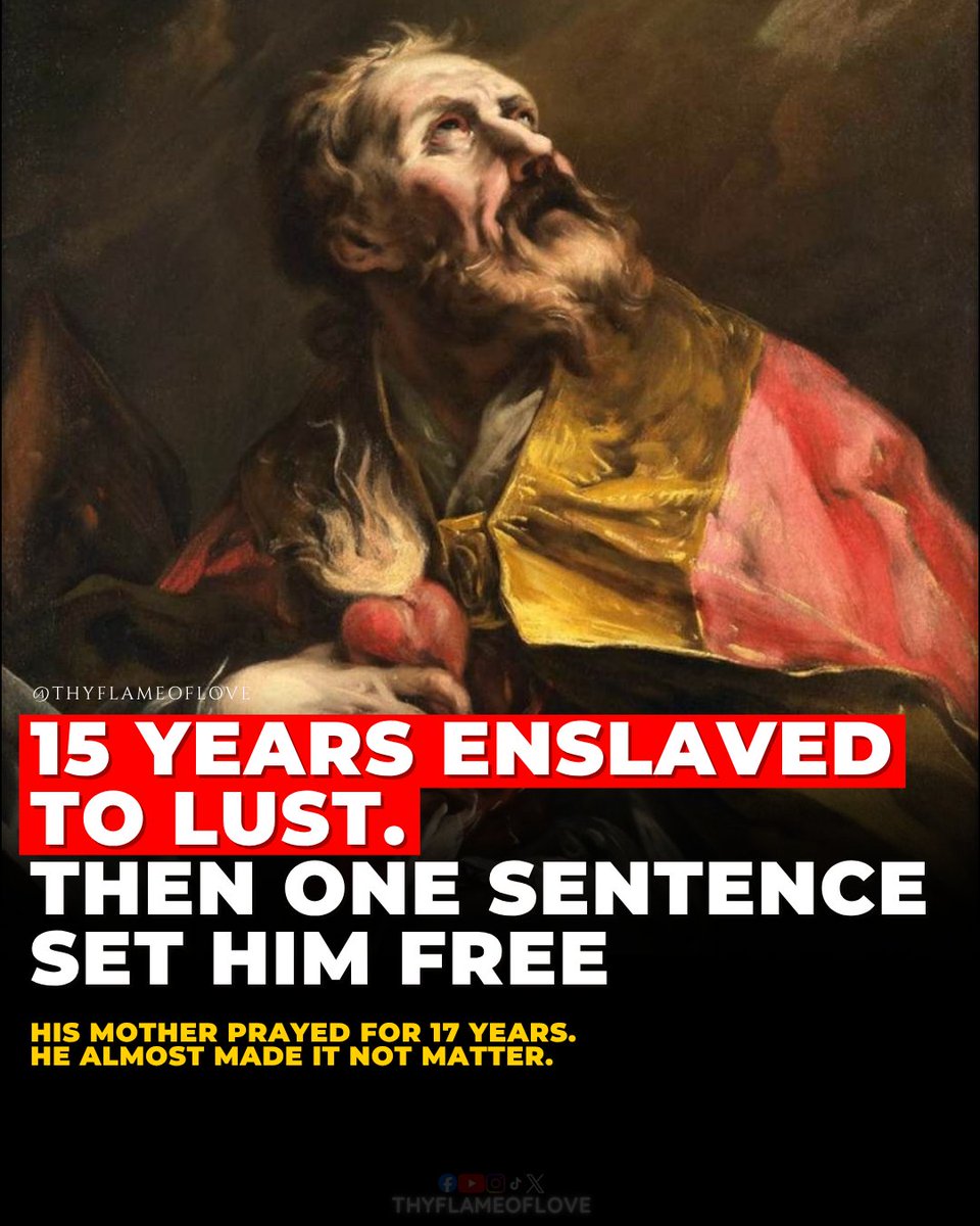 thyflameoflove's tweet photo. There was a man.. brilliant, successful, respected by everyone who knew him... who was secretly enslaved to something he couldn't shake for over a decade. ⤵️

His name was Augustine.

One of the greatest saints in Church history spent years trapped by lust.

He was intelligent, successful, and respected. Yet he could not find peace. As a young man, he pursued pleasure, relationships, status, and success. He wanted happiness, but nothing satisfied him.

His mother, St. Monica, prayed for his conversion for years.

He kept running from God.

Augustine later admitted how divided he felt. He wanted to change, but he also wanted to keep his sins. In his Confessions, he famously prayed:

→ “Grant me chastity and continence, but not yet.”

Many people know exactly what that feels like.

They know what is right. They know what is sinful. They want God, but they do not want to let go of the things pulling them away from Him.

Augustine searched for answers in philosophy, ambition, and human wisdom. He followed Manichaeism for years, hoping it would explain truth and happiness.

It did not.

While living in Milan, he began listening to St. Ambrose preach. The faith he had rejected started to make sense.

Then came the moment that changed his life.

Overwhelmed by his inner struggle, Augustine heard a voice saying, “Take and read.” He opened the Scriptures and read Romans 13:13–14:

→ “Not in reveling and drunkenness, not in debauchery and licentiousness, not in quarreling and jealousy. But put on the Lord Jesus Christ, and make no provision for the desires of the flesh.”

He later wrote:

→ “No further would I read; nor did I need to, for instantly, as the sentence ended, a light of relief from all anxiety flooded into my heart, and all the shadows of doubt vanished.”

Everything changed.

Augustine was baptized by St. Ambrose at Easter in A.D. 387. He later became bishop of Hippo and one of the greatest teachers in the history of the Church.

The man who could not break free became a saint.

The man who chased pleasure taught the world about grace.

The man who ran from God spent the rest of his life leading others to Him.

His most famous words still confront us today:

→ “You have made us for yourself, O Lord, and our heart is restless until it rests in you.”

Many people are not rejecting God.

They are simply hoping something else will satisfy them first.

💬 What is the hardest thing for people to surrender to God today?