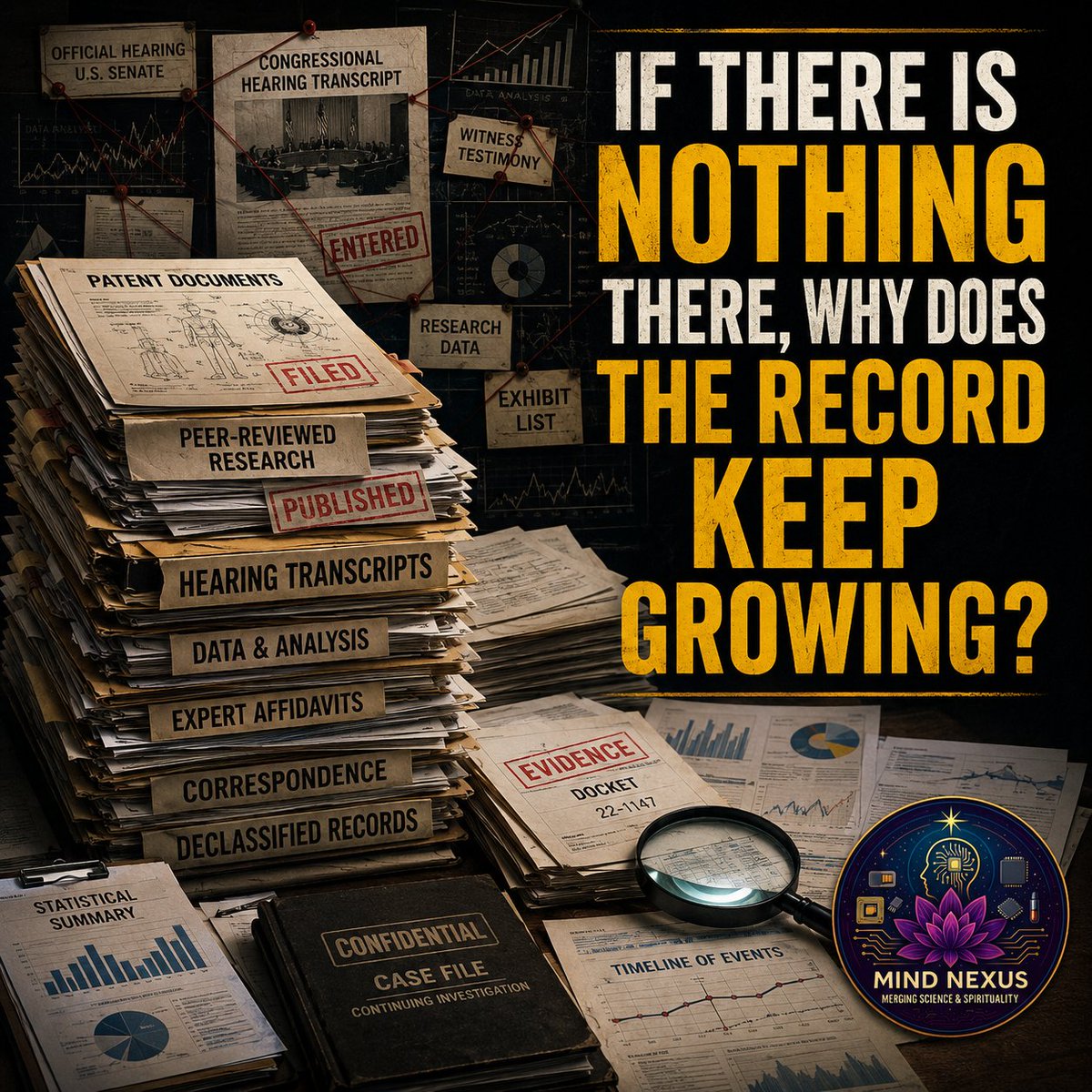 MindNexusLive's tweet photo. A single report can be ignored.

A single witness can be dismissed.

A single document can be explained away.

But what happens when the stack keeps growing?

At some point, the conversation stops being about one claim and starts becoming about a pattern.

More hearings.

More patents.

More research papers.

More whistleblowers.

More declassified documents.

More media reports.

More civilians reporting similar experiences.

More data.

More questions.

That's what makes this issue so difficult to bury.

Not because one piece of evidence proves everything.

Because the record keeps expanding.

The puzzle keeps gaining pieces.

And every year, there seems to be more information available than there was the year before.

History is full of examples where people laughed at something right up until the moment the documents surfaced.

Then the conversation changed.

The public often assumes the absence of proof means the absence of activity.

But what if the real question is this:

Why does the record keep getting larger?

Why are there more hearings today than there were ten years ago?

Why are there more patents?

More discussions about AI.

More discussions about biodigital convergence.

More discussions about directed energy, surveillance, neurotechnology, and anomalous health incidents?

If there is truly nothing there, why does the paper trail keep expanding?

Why does the database keep growing?

Why do the questions refuse to go away?

Eventually, patterns become too large to ignore.

Not because someone wins an argument.

Because the weight of the record becomes impossible to overlook.

What part of the growing record do you think deserves more attention?

Stay connected: https://t.co/LBfQebMMQP

#MindNexus #PatternRecognition #DocumentationMatters #EvidenceMatters #TruthAndTransparency #QuestionEverything #PublicAwareness #AnomalousHealthIncidents #HavanaSyndrome #ConnectTheDots #PeopleDeserveAnswers
