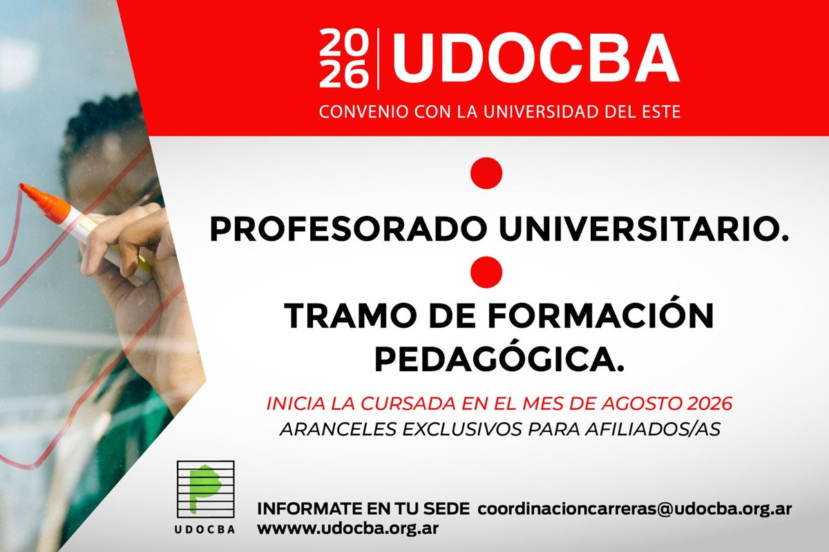 udocbacentral's tweet photo. ✏️ Estudiá con UDOCBA y la Universidad del Este.
Convenio 2026 con aranceles exclusivos para afiliados/as.

📚 Carreras, Licenciaturas, Tecnicaturas y Profesorados.
👉 Inicio cursada agosto
Informate en tu sede o en coordinacioncarreras@udocba.org.ar
🌐 https://t.co/P69SstDnnr https://t.co/iHGObyJHT2